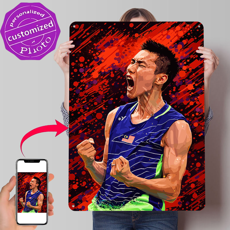 Badminton Poster - โปสเตอร์ลายพิมพ์ 3 มิติ นักแบดมินตันกำลังเฉลิมฉลองชัยชนะ งานศิลปะตกแต่งผนังแบบส่วนตัว ป้ายโลหะสไตล์เรโทรสำหรับตกแต่งห้องและบ้าน