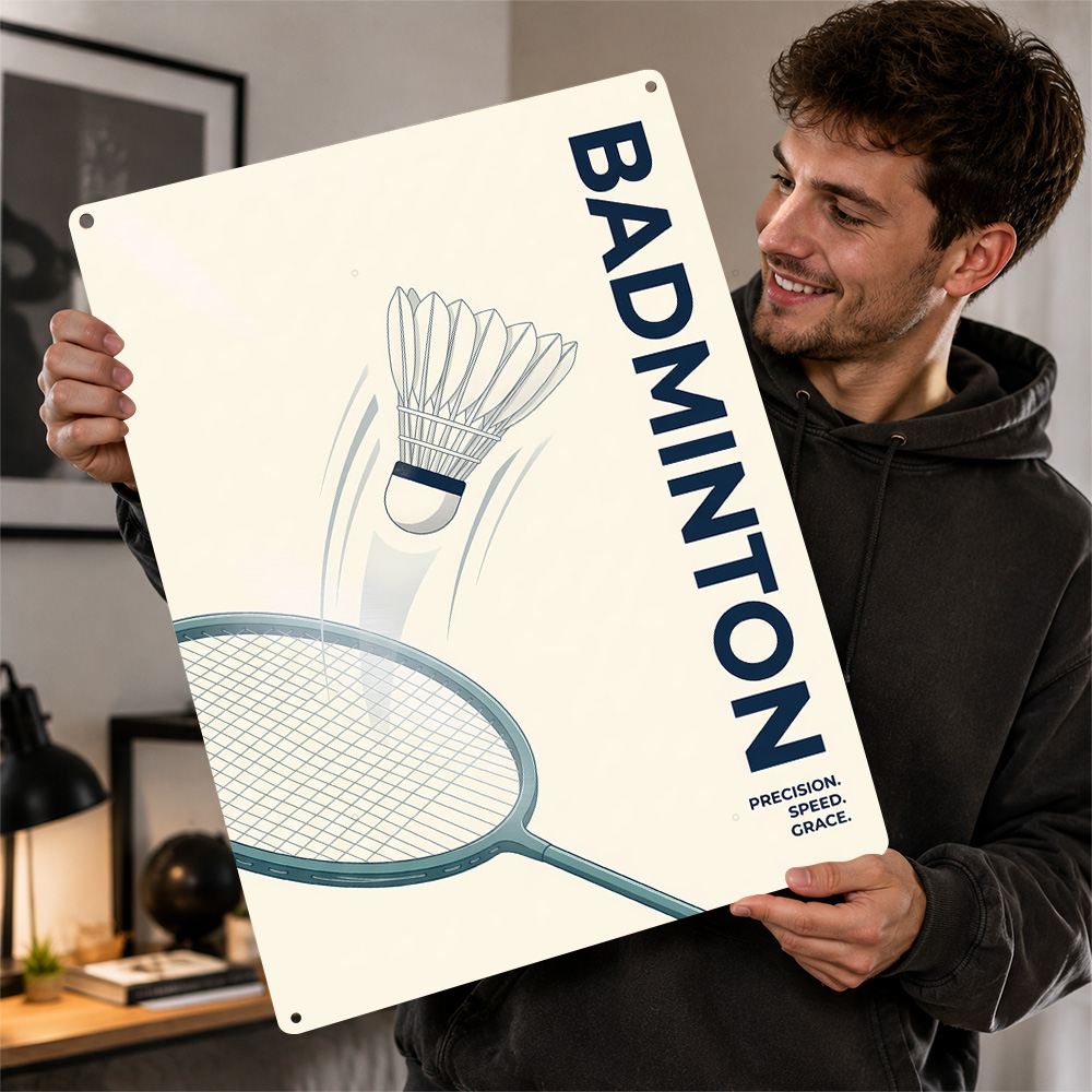 Badminton Poster - โปสเตอร์กีฬาแบดมินตันสไตล์มินิมอล ป้ายโลหะพิมพ์ลาย 3D แบบเรโทร ของตกแต่งผนังแบบกำหนดเอง ของขวัญสำหรับตกแต่งห้องนอนสไตล์วินเทจ