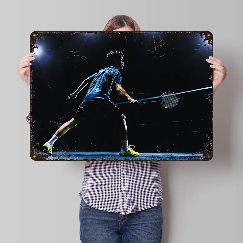 Badminton Poster - โปสเตอร์พิมพ์ลาย 3 มิติ นักแบดมินตันในท่าการเคลื่อนไหว งานศิลปะติดผนังแบบกำหนดเอง ป้ายโลหะวินเทจสำหรับตกแต่งห้อง